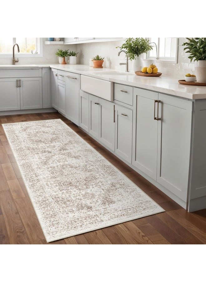 EISUROM Hallway 2x5 Runner Rug - Vintage Non-Slip Long Rug for Entryway Low-Pile Washable Medallion Rugs for Hallway Waterproof Traditional Indoor Thin Rugs for Kitchen (Beige) - Image 3