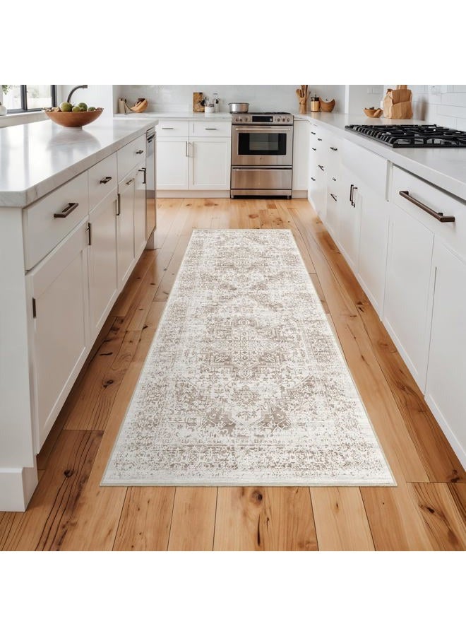 EISUROM Hallway 2x5 Runner Rug - Vintage Non-Slip Long Rug for Entryway Low-Pile Washable Medallion Rugs for Hallway Waterproof Traditional Indoor Thin Rugs for Kitchen (Beige) - Image 5