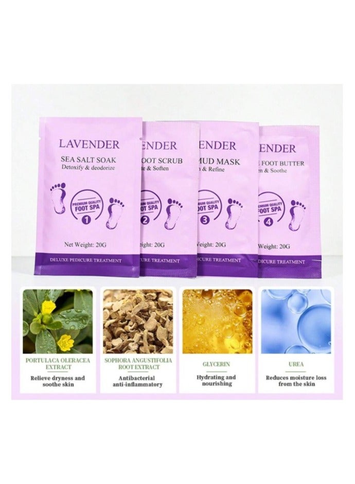 Complete 4-Step Foot Bath Box for Foot Care, Foot Massage and Dead Skin Removal Set of 4 Epsom Salt Feet Packs with Lavender Scent, Foot Cream, Foot Scrub, Sugar Foot Wash - Image 4