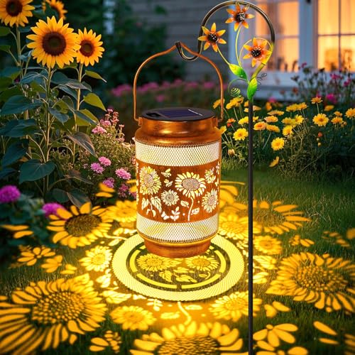 yulloyello Sunflower Solar Lanterns Outdoor Waterproof with Shepherd Hook, Sunflower Birthday Gifts for Christmas Women Mom Grandma, Metal Solar Hanging Lights Garden Decor for Outside Yard Patio Pathway - Image 1