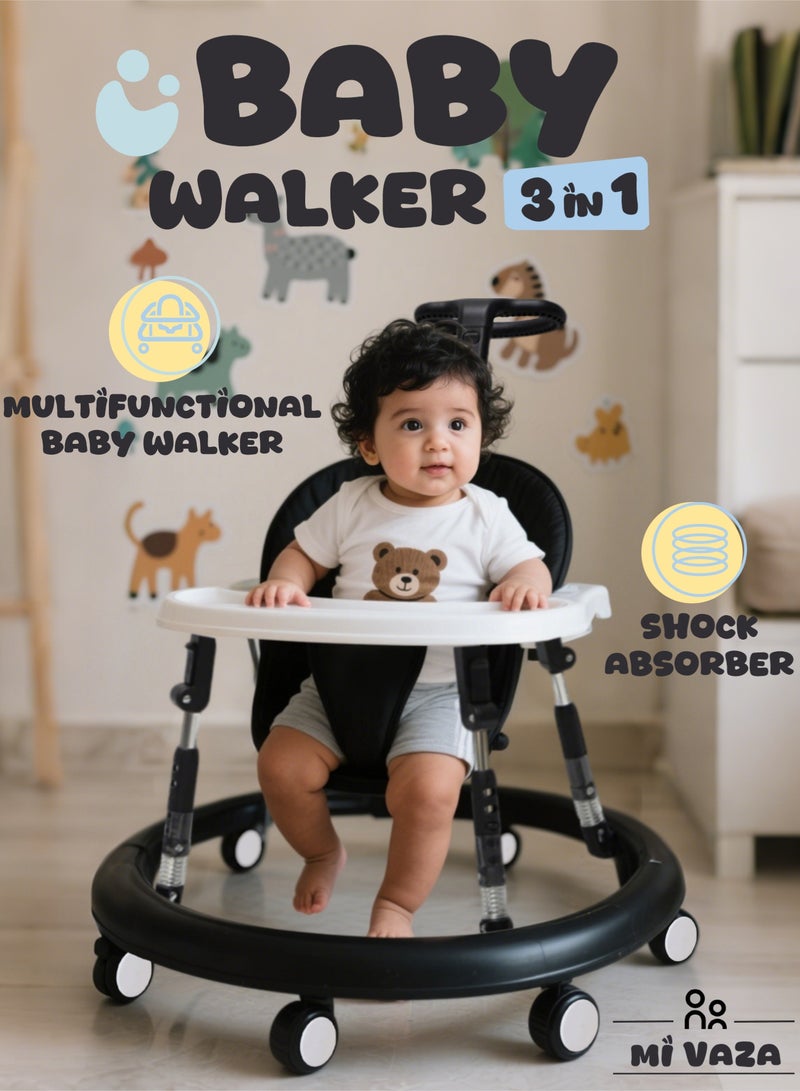 مي فازا مشاية الأطفال الرضع الصغار القابلة للطي بارتفاع قابل للتعديل، 3 في 1 قابلة للطي بعجلات مشاية أطفال بعجلات مشاية أطفال صغار مزودة بمقبض دفع، ممتص للصدمات، صينية طعام، مضاد للدوران، مشاية أطفال للأطفال من 6-18 شهرًا - أسود + أبيض - Image 1