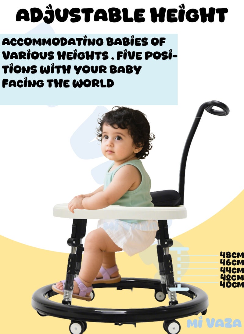 مي فازا مشاية الأطفال الرضع الصغار القابلة للطي بارتفاع قابل للتعديل، 3 في 1 قابلة للطي بعجلات مشاية أطفال بعجلات مشاية أطفال صغار مزودة بمقبض دفع، ممتص للصدمات، صينية طعام، مضاد للدوران، مشاية أطفال للأطفال من 6-18 شهرًا - أسود + أبيض - Image 4