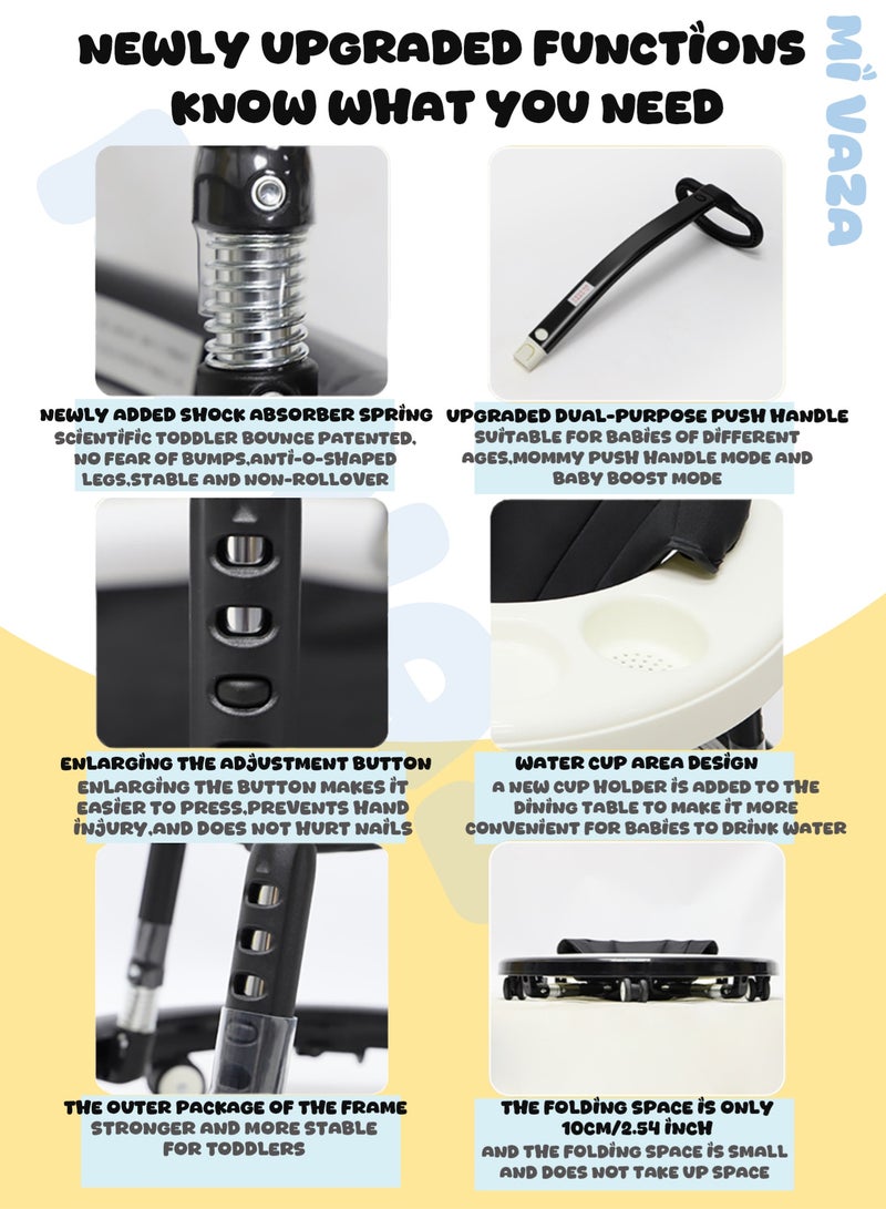 مي فازا مشاية الأطفال الرضع الصغار القابلة للطي بارتفاع قابل للتعديل، 3 في 1 قابلة للطي بعجلات مشاية أطفال بعجلات مشاية أطفال صغار مزودة بمقبض دفع، ممتص للصدمات، صينية طعام، مضاد للدوران، مشاية أطفال للأطفال من 6-18 شهرًا - أسود + أبيض - Image 2