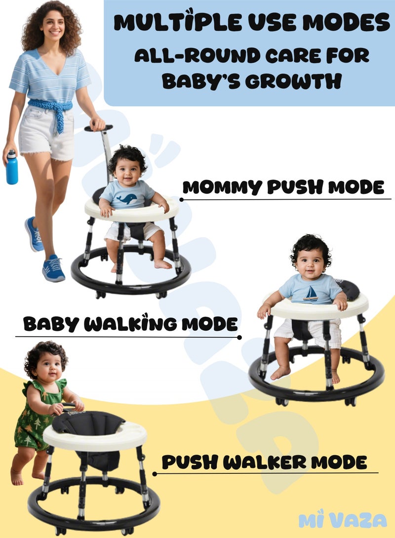 مي فازا مشاية الأطفال الرضع الصغار القابلة للطي بارتفاع قابل للتعديل، 3 في 1 قابلة للطي بعجلات مشاية أطفال بعجلات مشاية أطفال صغار مزودة بمقبض دفع، ممتص للصدمات، صينية طعام، مضاد للدوران، مشاية أطفال للأطفال من 6-18 شهرًا - أسود + أبيض - Image 3