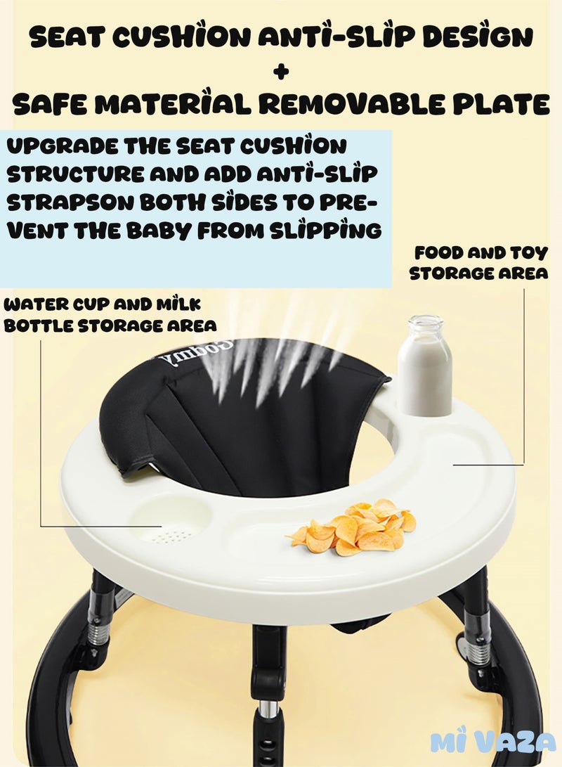 مي فازا مشاية الأطفال الرضع الصغار القابلة للطي بارتفاع قابل للتعديل، 3 في 1 قابلة للطي بعجلات مشاية أطفال بعجلات مشاية أطفال صغار مزودة بمقبض دفع، ممتص للصدمات، صينية طعام، مضاد للدوران، مشاية أطفال للأطفال من 6-18 شهرًا - أسود + أبيض - Image 5