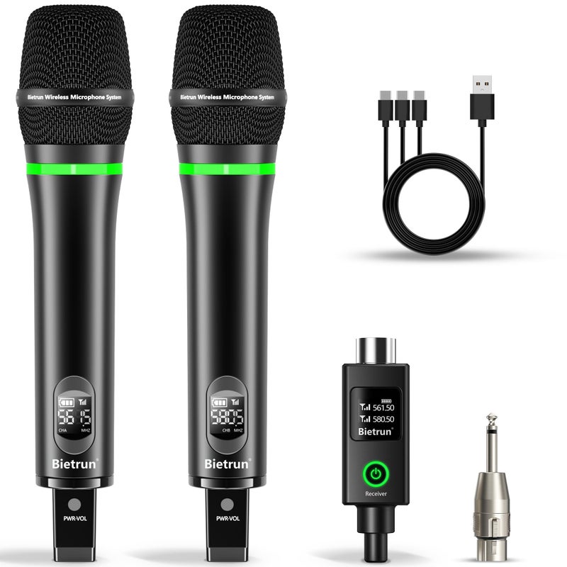 Bietrun XLR Wireless Microphone Rechargeable Dual Metal Cordless Handheld Dynamic Mics for Mixer Audio Interface PA Amplifier System Church Singing KaraokeUHF 240FT Rangewith 635 Adapter - Image 2
