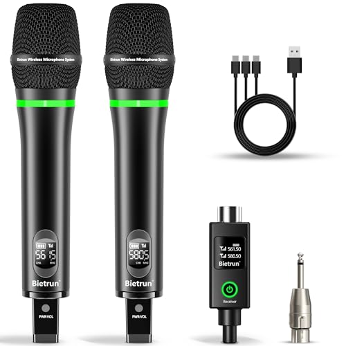 Bietrun XLR Wireless Microphone Rechargeable Dual Metal Cordless Handheld Dynamic Mics for Mixer Audio Interface PA Amplifier System Church Singing KaraokeUHF 240FT Rangewith 635 Adapter - Image 1
