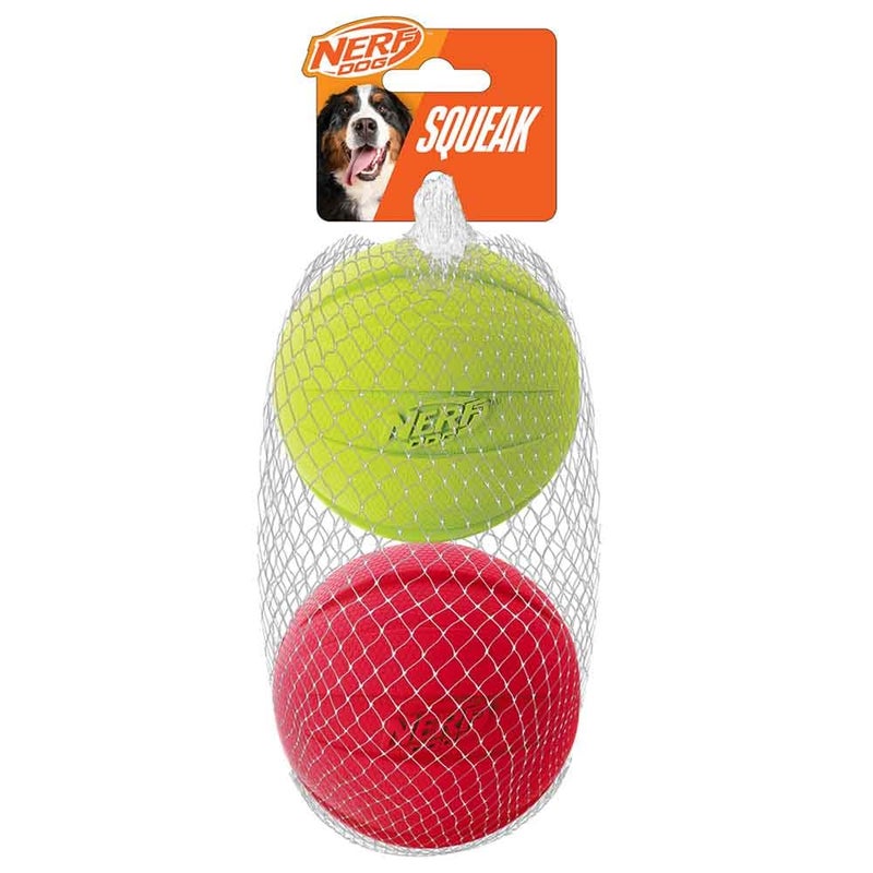Nerf Dog Classic Squeak Ball Outdoor Dog Toy, 3.8 Inch Dog Ball Fetch Toy, Squeaking Toy for Medium and Large Breeds, Green/Red, 2 Count - Image 1