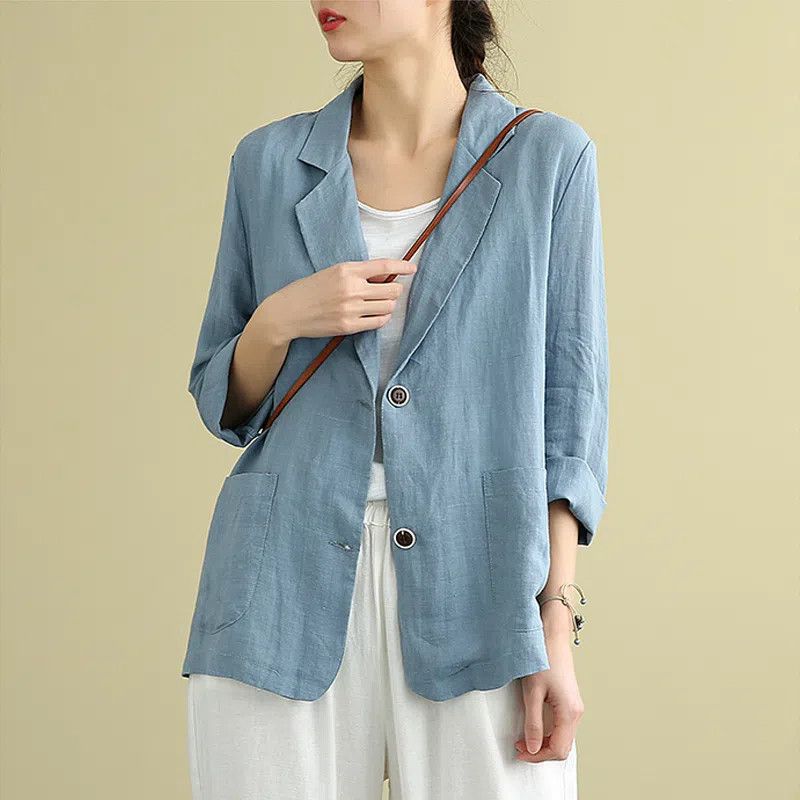 Cotton and Linen Jacket Small Suit 2023 Spring and Summer Loose Artistic Long-sleeved Casual Elegant Sunscreen Clothing for Women Light blue