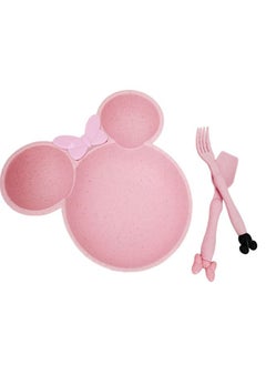 Generic 3 pieces Wheat Straw Baby Cartoon Tableware Set Children's Dishes Kids Dinner Platos Baby Feeding Plate Training Bowl Spoon Fork pink  - Image 1