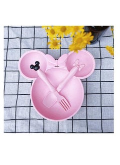 Generic 3 pieces Wheat Straw Baby Cartoon Tableware Set Children's Dishes Kids Dinner Platos Baby Feeding Plate Training Bowl Spoon Fork pink  - Image 3