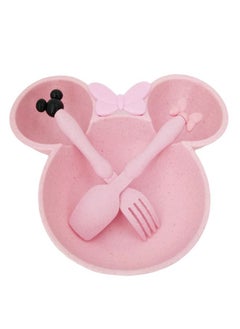 Generic 3 pieces Wheat Straw Baby Cartoon Tableware Set Children's Dishes Kids Dinner Platos Baby Feeding Plate Training Bowl Spoon Fork pink  - Image 2