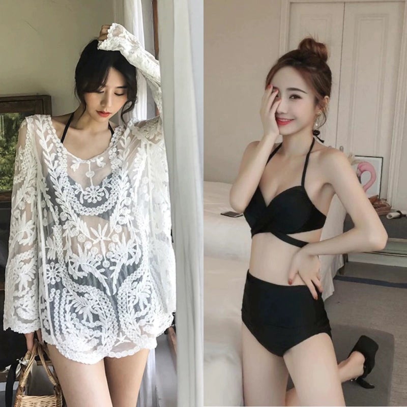 Three-piece bikini beach hot spring vacation slimming gathering split swimsuit women's new style can go into the water with a shirt - Image 3