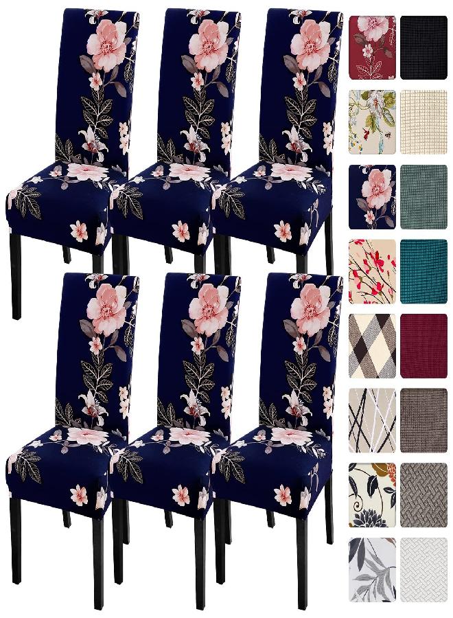 SearchI Dining Room Chair Covers Slipcovers Set of 6, Spandex Super Fit Stretch Removable Washable Kitchen Parsons Chair Covers Protector for Dining Room,Hotel,Ceremony, Navy+Flowers
