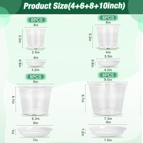 HQAUT 46810 Inch Clear Nursery Pots with Drainage and Saucers 24 Pack Clear Plant Pots Variety Size Plastic Orchid Flower Pot for Indoor Outdoor - Image 3