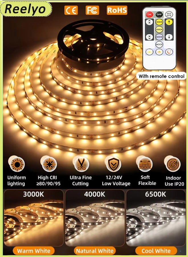 Reelyo 5M/10M USB COB LED Strip Lights Warm&Natural&Cool White Led TV Backlight 5V LED Strip Lights, LED Strip Kit, Super Bright LED Tape Lights USB Powered Flexible Under Cabinet Light for Bedroom,Kitchen,Home Vanity Mirror Lighting Decor Bedroom Cabinet Boat Decor - Image 1
