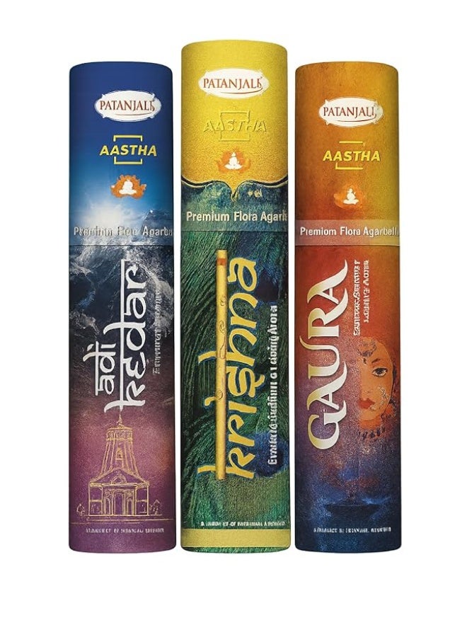 Patanjali Premium Hand Made Flora Agarbatti Combo Pack – Adi Kedar, Krishna & Gaura Incense Sticks | Exquisite, Soothing & Long Lasting Fragrance (3 in 1 Pack) - Image 1