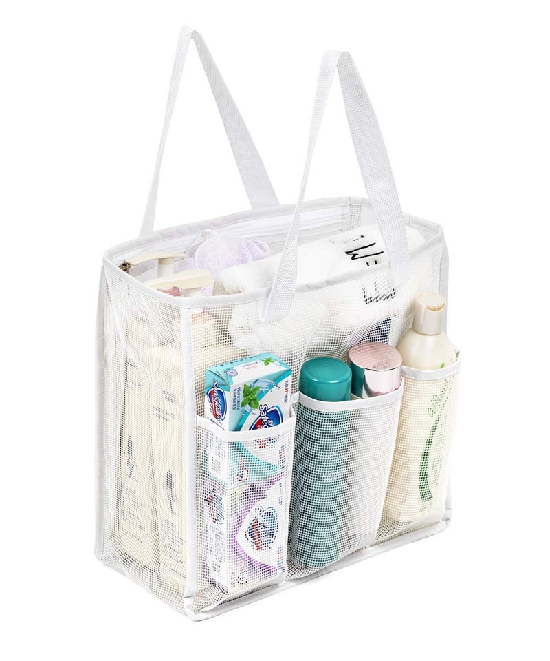 ALYER Big Mesh Shower Bag TotePortable Dry Wet Separation Bath Organizer with a Clear Zippered PVC Pocket White