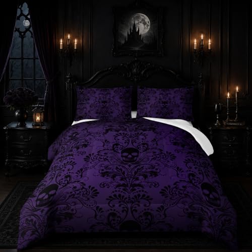 Nttopship Adults Violet Gothic Comforter Set Queen SizeVintage Damask Floral Bedding Set 3PcsBohemia Bedding Set Goth Skull Printed Quilted Set for Teens Adult with 1 Comforter with 2 Pillowcase - Image 3