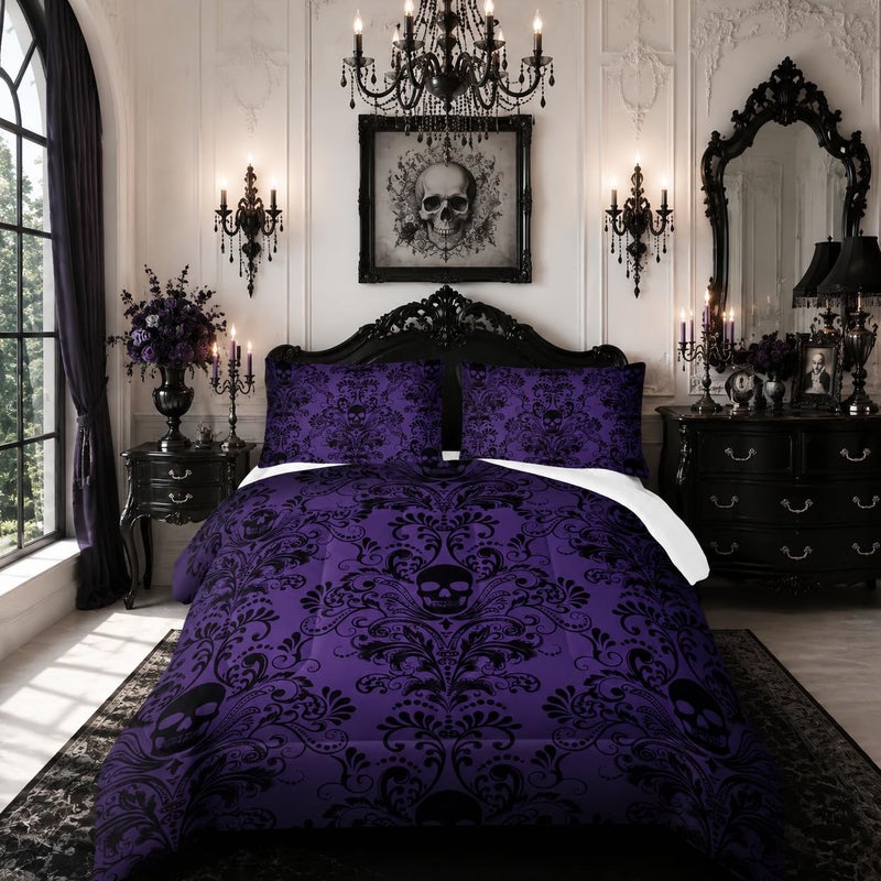 Nttopship Adults Violet Gothic Comforter Set Queen SizeVintage Damask Floral Bedding Set 3PcsBohemia Bedding Set Goth Skull Printed Quilted Set for Teens Adult with 1 Comforter with 2 Pillowcase - Image 2