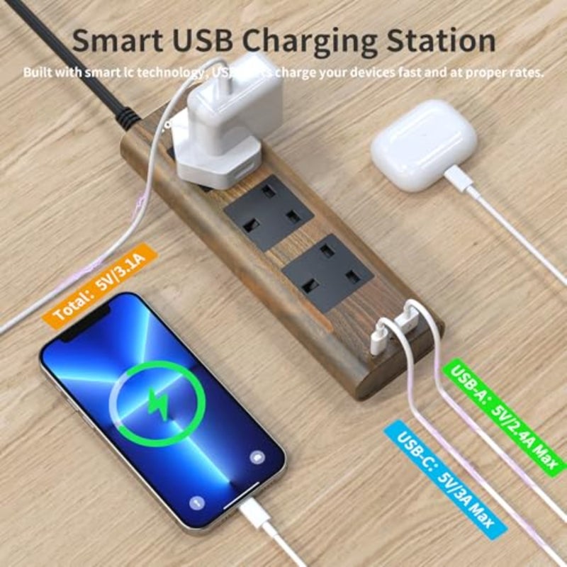 سلك تمديد ثلاثي الاتجاهات من الخشب الحبيبي مع فتحات USB، حماية من زيادة التيار، مفتاح تشغيل/إيقاف، 13 أمبير/3250 وات، كابل تمديد 2 متر للمكتب المنزلي والمطبخ - Image 3