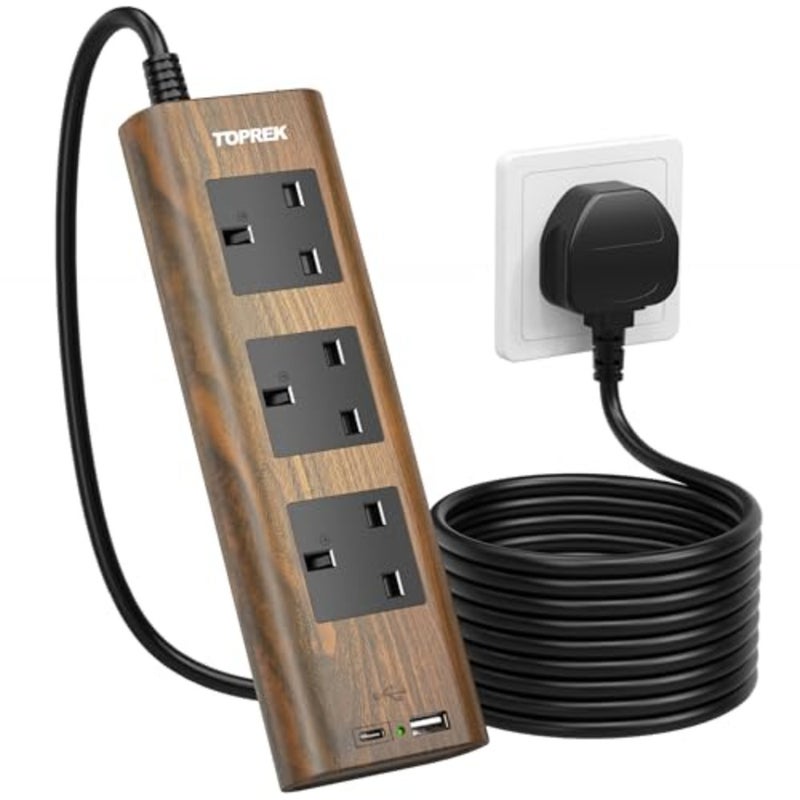 سلك تمديد ثلاثي الاتجاهات من الخشب الحبيبي مع فتحات USB، حماية من زيادة التيار، مفتاح تشغيل/إيقاف، 13 أمبير/3250 وات، كابل تمديد 2 متر للمكتب المنزلي والمطبخ - Image 1