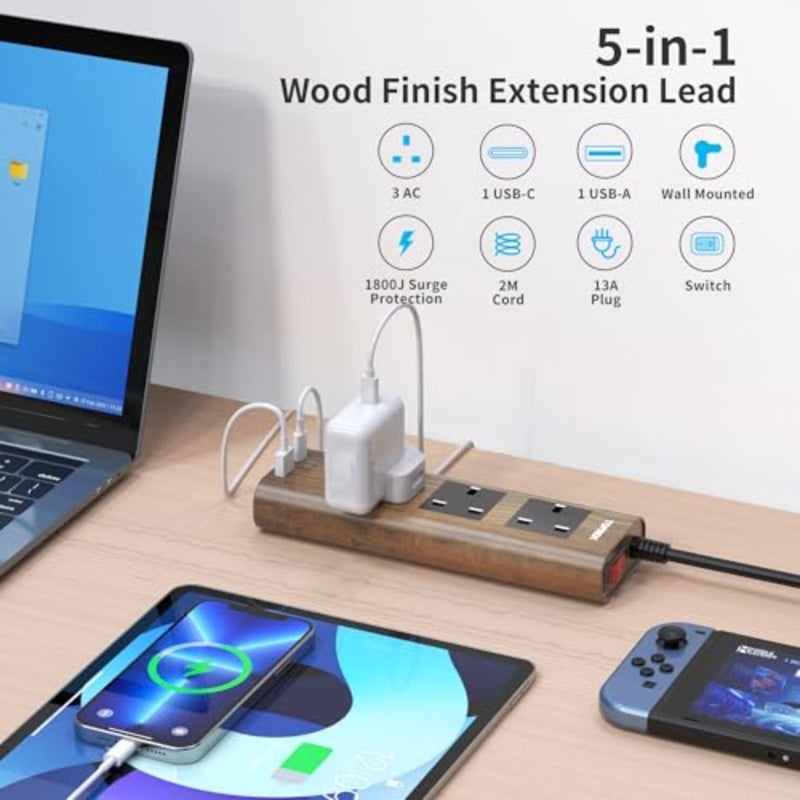 سلك تمديد ثلاثي الاتجاهات من الخشب الحبيبي مع فتحات USB، حماية من زيادة التيار، مفتاح تشغيل/إيقاف، 13 أمبير/3250 وات، كابل تمديد 2 متر للمكتب المنزلي والمطبخ - Image 2