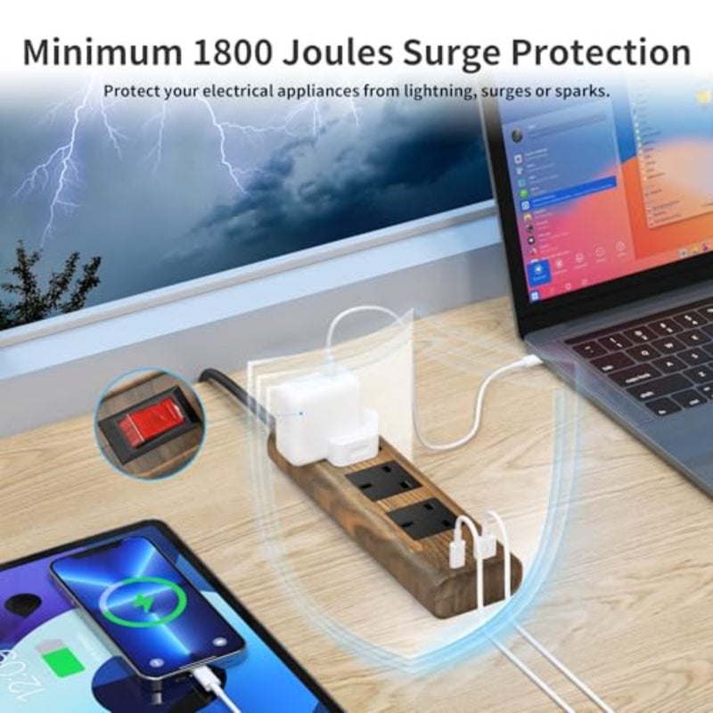 سلك تمديد ثلاثي الاتجاهات من الخشب الحبيبي مع فتحات USB، حماية من زيادة التيار، مفتاح تشغيل/إيقاف، 13 أمبير/3250 وات، كابل تمديد 2 متر للمكتب المنزلي والمطبخ - Image 4