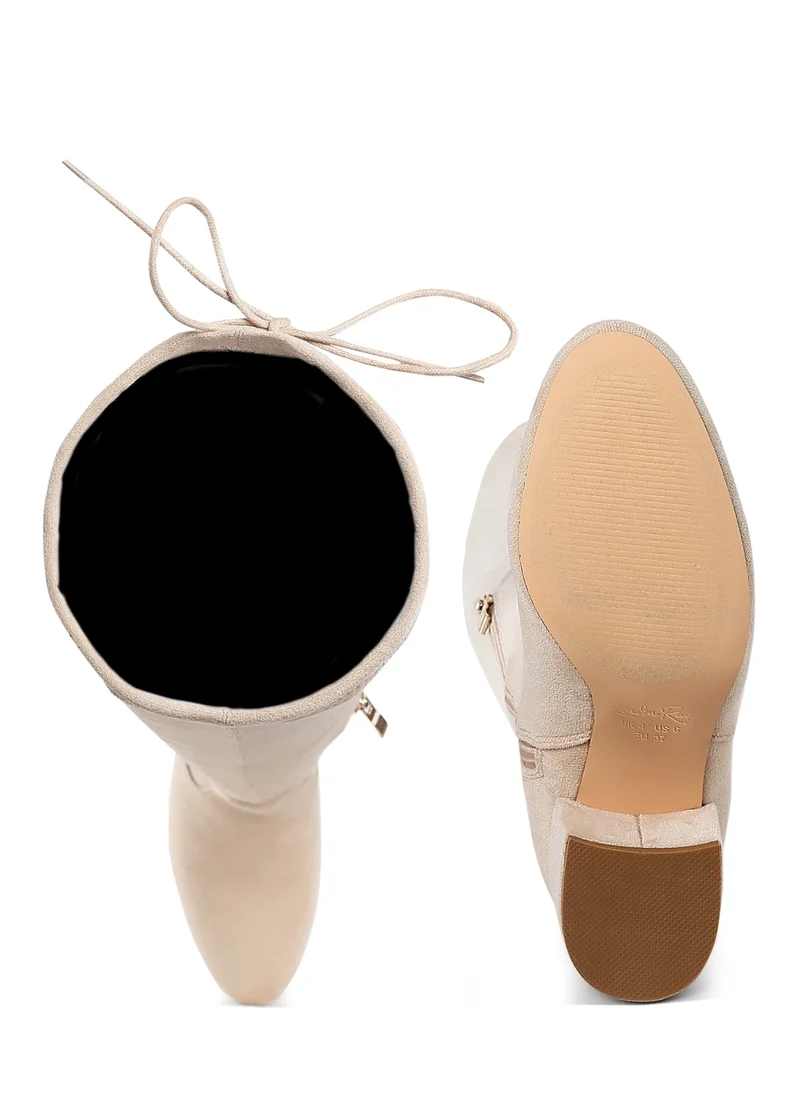 London Rag Minimal Drawstring Detail Knee-High Boots in Beige
