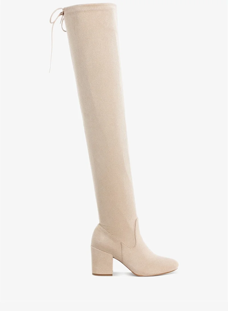 Minimal Drawstring Detail Knee-High Boots in Beige