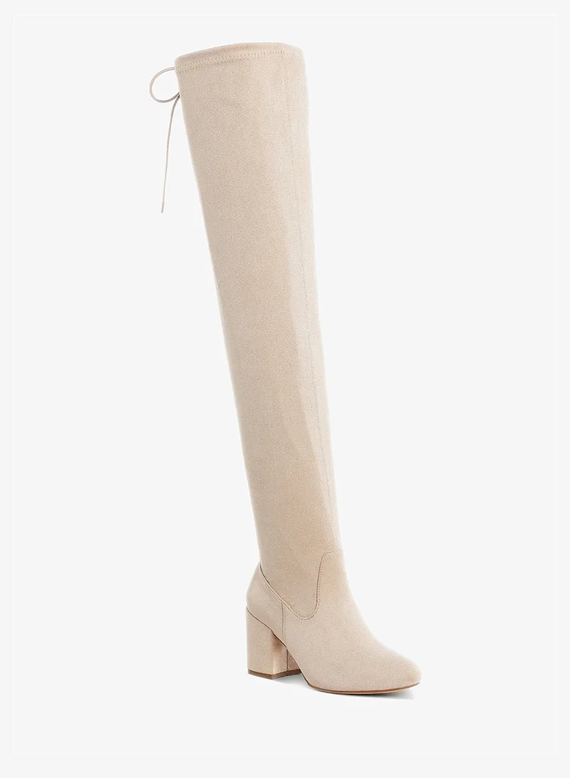 London Rag Minimal Drawstring Detail Knee-High Boots in Beige