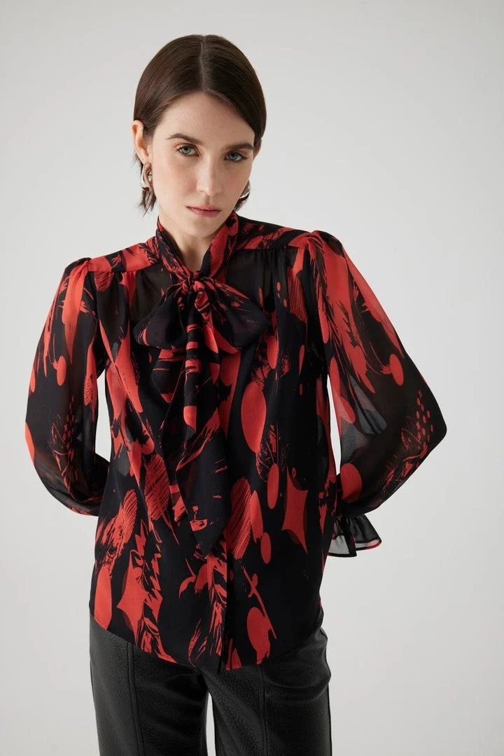 EXQUISE Patterned Tie-Detail Transparent Unlined Chiffon Shirt