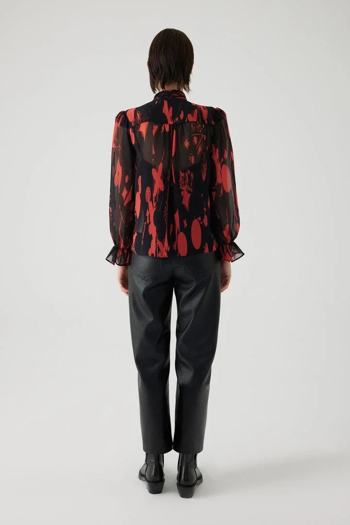 EXQUISE Patterned Tie-Detail Transparent Unlined Chiffon Shirt