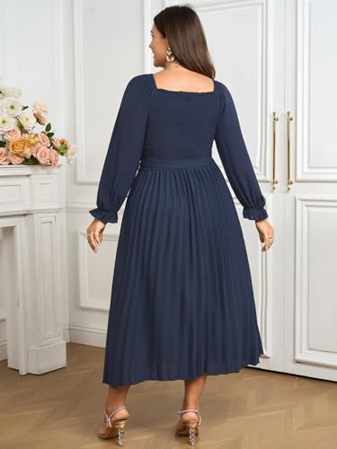 SHESTARR Women's Plus Size Dress Long Sleeve Smocked Square Neck Ruffle Pleated Flowy Wedding Guest Maxi Fall Dress Blue - Image 5