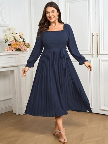 SHESTARR Women's Plus Size Dress Long Sleeve Smocked Square Neck Ruffle Pleated Flowy Wedding Guest Maxi Fall Dress Blue - Image 4