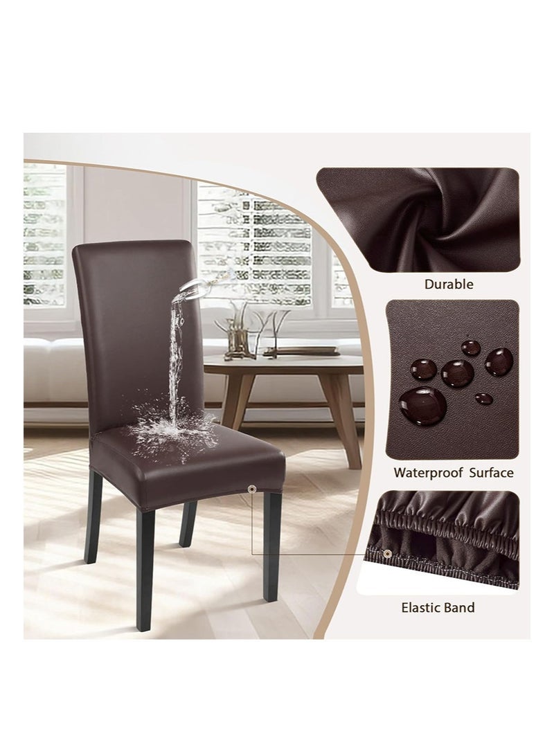 Aikanbo 4 Pcs Stretch Dining Chair Covers Solid Pu Leather Waterproof and Oilproof Super Stretch Waterproof Kitchen Chair Covers Thickened Washable Dining Chair Slipcovers Waterproof PU Leather Chair Slipcovers Chair Protector Cover Universal Chair Covers for Dining Room Kitchen Hotel Banquet - Image 3