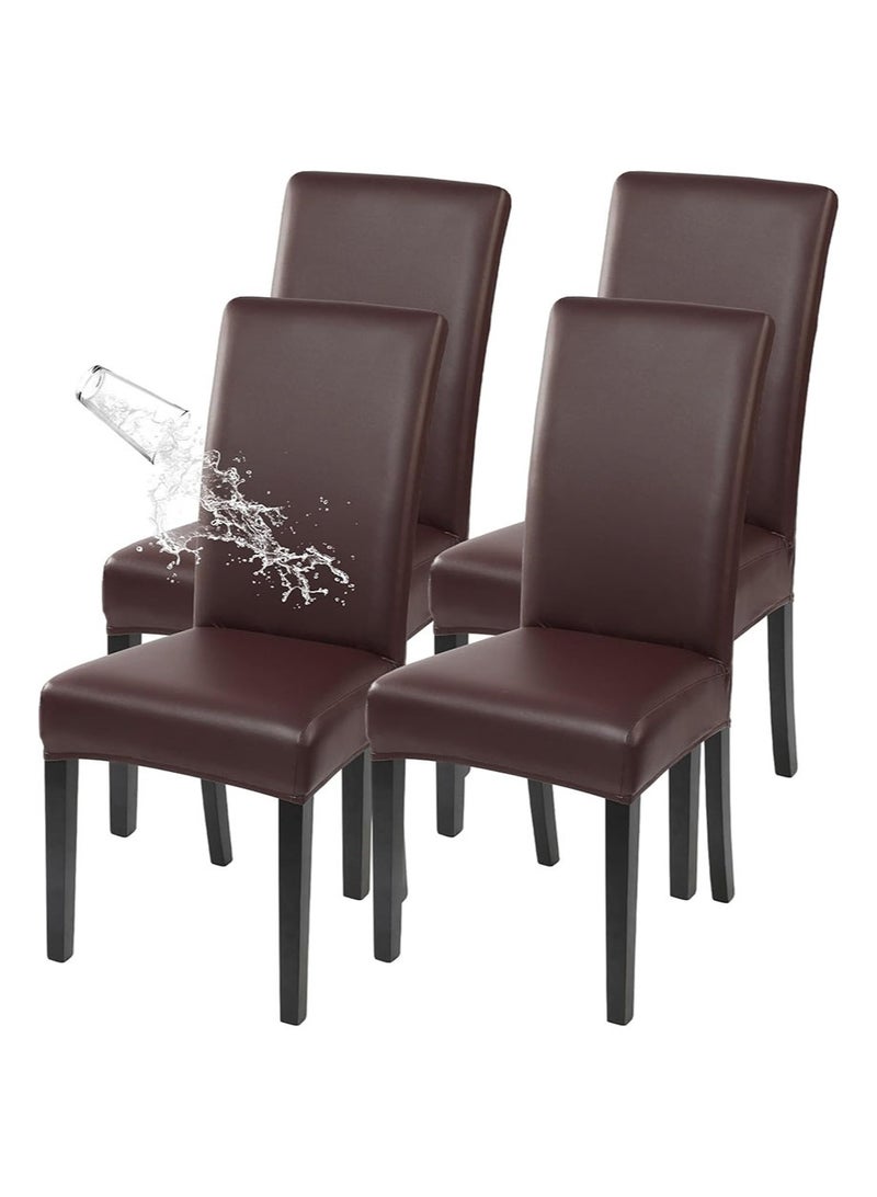 Aikanbo 4 Pcs Stretch Dining Chair Covers Solid Pu Leather Waterproof and Oilproof Super Stretch Waterproof Kitchen Chair Covers Thickened Washable Dining Chair Slipcovers Waterproof PU Leather Chair Slipcovers Chair Protector Cover Universal Chair Covers for Dining Room Kitchen Hotel Banquet - Image 1