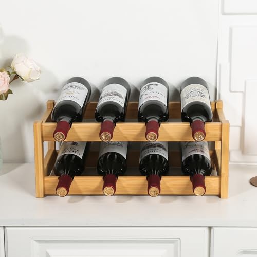 VASMIA Wine Rack, 2-Tier Bamboo Wine Racks Countertop Cabinet Wine Holder Wine Storage Shelf for Pantry Kitchen Bar, Natural - Image 2