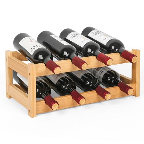 VASMIA Wine Rack, 2-Tier Bamboo Wine Racks Countertop Cabinet Wine Holder Wine Storage Shelf for Pantry Kitchen Bar, Natural - Image 1