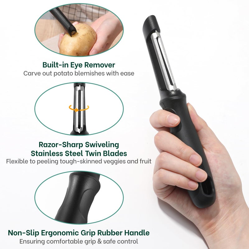 Beneno Swivel Vegetable Peeler, Razor-Sharp Smooth Peeling Potato Peelers with Stainless Steel Blades, Ergonomic Comfort Non-Slip Rubber Handle, Durable Kitchen Peelers with Potato Eye Remover, Black - Image 3