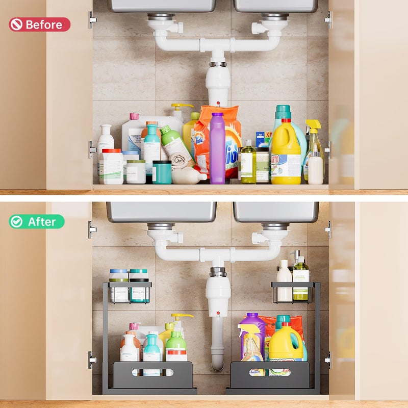 VUSIGN Under Kitchen Sink Organizer 2 Tier, Pull Out Under Sink Organizers and Storage, Bathroom Cabinet Kitchen Organization Storage Shelf, 1 Pack Black - Image 3
