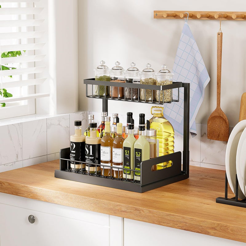 VUSIGN Under Kitchen Sink Organizer 2 Tier, Pull Out Under Sink Organizers and Storage, Bathroom Cabinet Kitchen Organization Storage Shelf, 1 Pack Black - Image 5