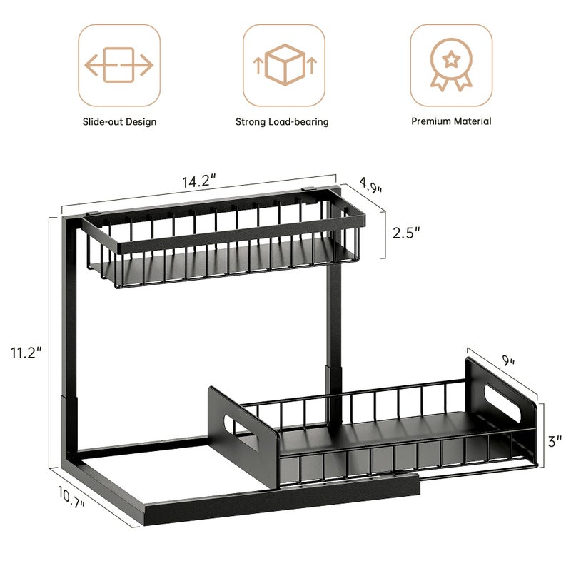 VUSIGN Under Kitchen Sink Organizer 2 Tier, Pull Out Under Sink Organizers and Storage, Bathroom Cabinet Kitchen Organization Storage Shelf, 1 Pack Black - Image 2