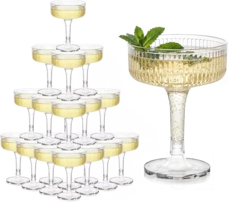 Champagne Tower: 3-Tier Stable Tool-Free Setup - Glitter Striped 7 Oz Food-Grade PS Plastic Champagne Glasses for Weddings Parties Celebrations - Image 1