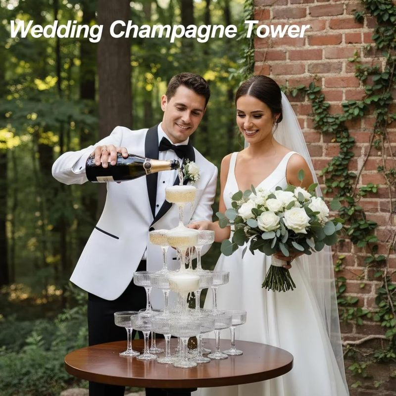 Champagne Tower: 3-Tier Stable Tool-Free Setup - Glitter Striped 7 Oz Food-Grade PS Plastic Champagne Glasses for Weddings Parties Celebrations - Image 2
