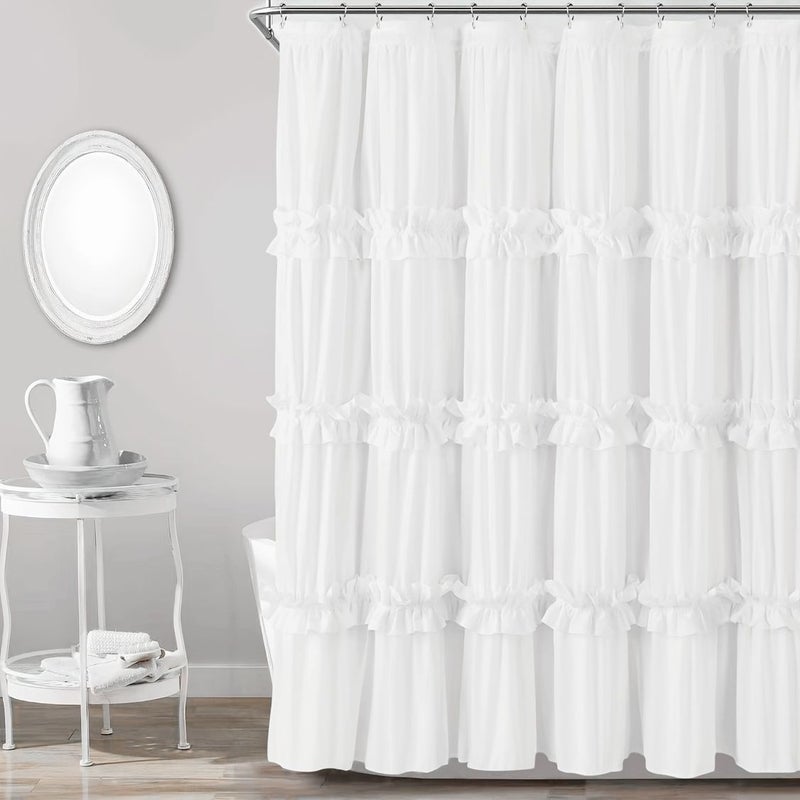 White Handmade Ruched Shower Curtain Solid Scalloped Edge Pattern 72 X 72 Inch Bathtub Accessory - Image 1
