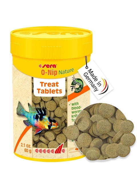 ONip Nature 100 Tabs 2.1 Oz | Complete Feed For All Ornamental Fish | Adhesive Tablets Stick To The Aquarium Glass | High Protein | No Dyes & Preservatives | With Bloodworms, Krill & Tubifex