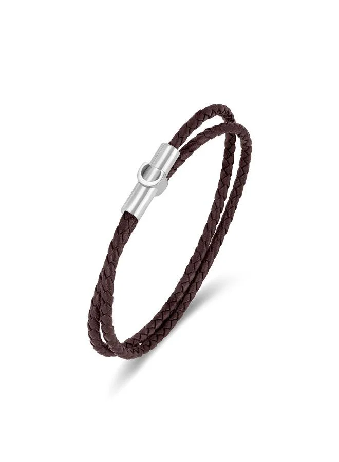CERRUTI 1881 Umberto Silver Plated Stainless Steel Brown Braided Leather Bracelet for Men 400mm