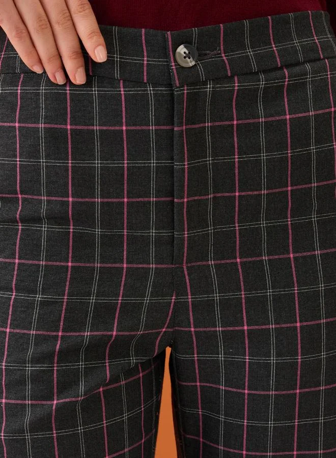 globus Black Checkered Mid-Rise Straight Fit Trousers