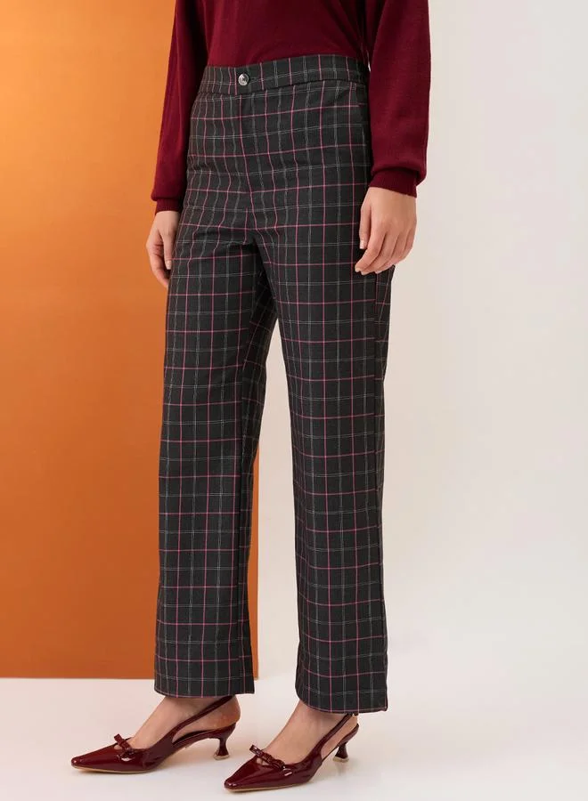 globus Black Checkered Mid-Rise Straight Fit Trousers